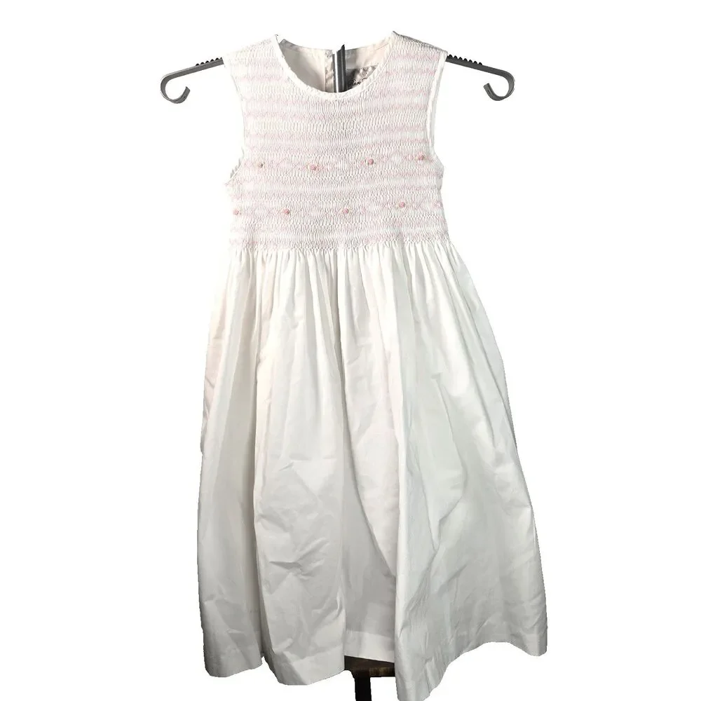 Rare Editions Girls 7 Smocked Dress White Pink Hand Smocked Floral Sleeveless